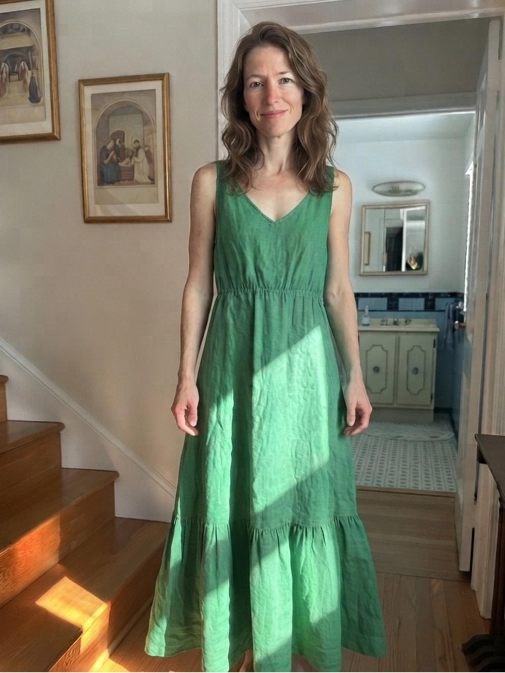 100% Linen Green V-Neck Sleeveless Maxi Dress